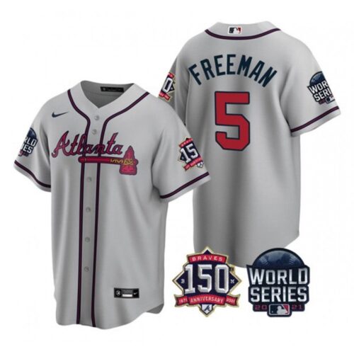 686361caa9baf_1 Men's Atlanta Braves #5 Freddie Freeman 2021 Gray World Series With 150th Anniversary Patch Cool Base Stitched Jersey
