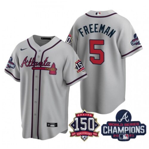 686361ce281a6_1 Men's Atlanta Braves #5 Freddie Freeman 2021 Grey World Series Champions With 150th Anniversary Patch Cool Base Stitched Jersey