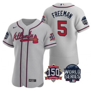 686361d4b743d_1 Men's Atlanta Braves #5 Freddie Freeman 2021 Grey World Series With 150th Anniversary Patch Stitched Baseball Jersey