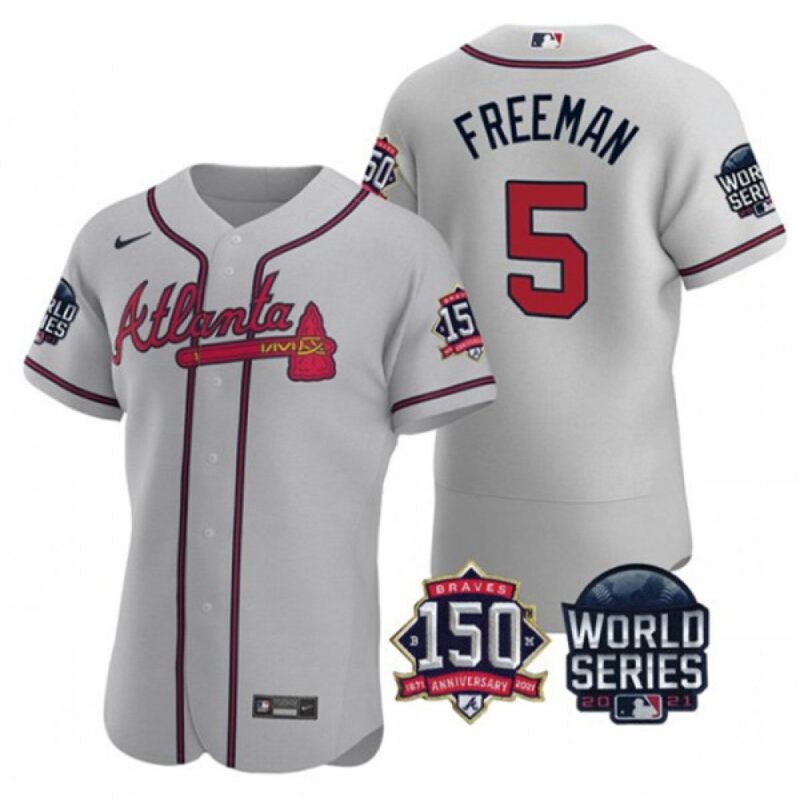 686361d4b743d_1 Men's Atlanta Braves #5 Freddie Freeman 2021 Grey World Series With 150th Anniversary Patch Stitched Baseball Jersey