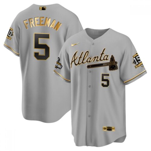686361d7e8f33_1 Men's Atlanta Braves #5 Freddie Freeman 2021 Grey/Gold World Series Champions With 150th Anniversary Patch Cool Base Stitched Jersey