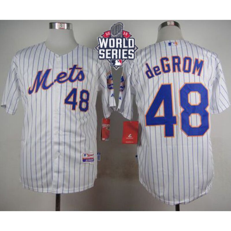 686363c66abb5_1 Mets #48 Jacob DeGrom White(Blue Strip) Home Cool Base W/2015 World Series Patch Stitched MLB Jersey