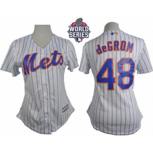 686363d7090ee_1 Mets #48 Jacob deGrom White(Blue Strip) W/2015 World Series Patch Women's Home Stitched MLB Jersey