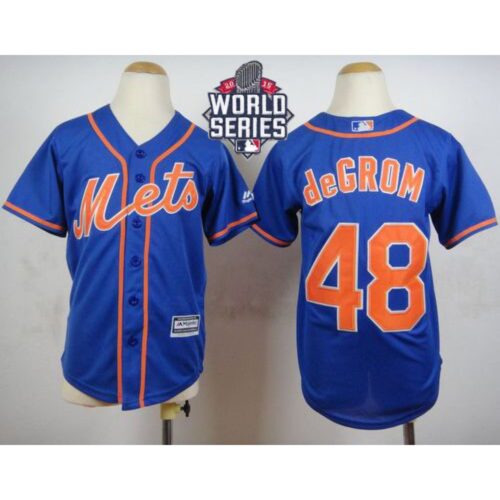686363d9a94a8_1 Mets #48 Jacob DeGrom Blue Alternate Home Cool Base W/2015 World Series Patch Stitched Youth MLB Jersey