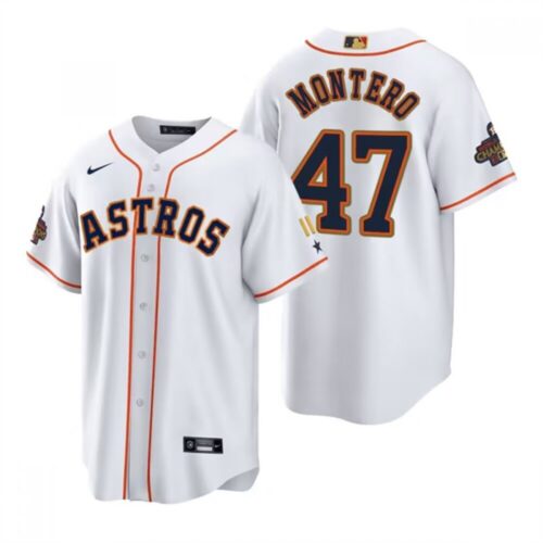 686364a245531_1 Men's Houston Astros #47 Rafael Montero White Gold 2022 World Series Champions Stitched Baseball Jersey