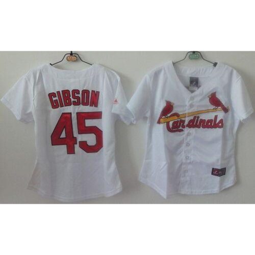6863653fb5e1a_1 Cardinals #45 Bob Gibson White Women's Home Stitched MLB Jersey