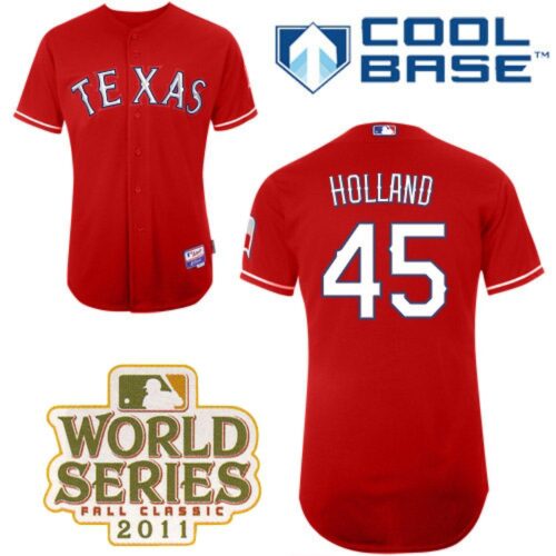 6863667f30766_1 Rangers #45 Derek Holland Red Cool Base 2011 World Series Patch Stitched MLB Jersey