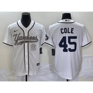 686366e86adf8_1 Men's New York Yankees #45 Gerrit Cole White With Patch Cool Base Stitched Baseball Jersey