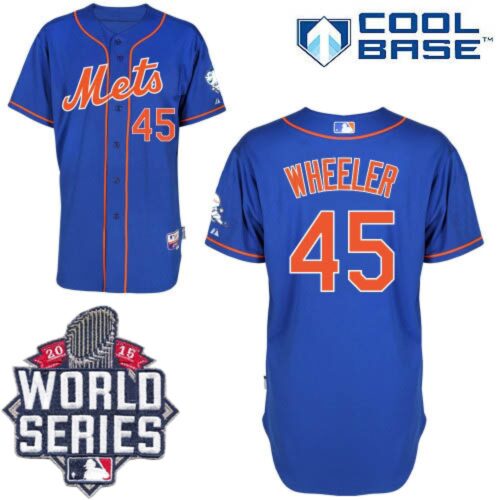 6863670a9c9d7_1 Mets #45 Zack Wheeler Blue Cool Base W/2015 World Series Patch Stitched MLB Jersey
