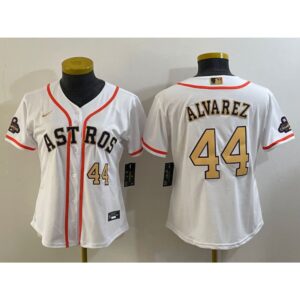 6863688b4a8ef_1 Women's Houston Astros #44 Yordan Alvarez White 2023 Gold Collection With World Serise Champions Patch Stitched Jersey(Run Small)