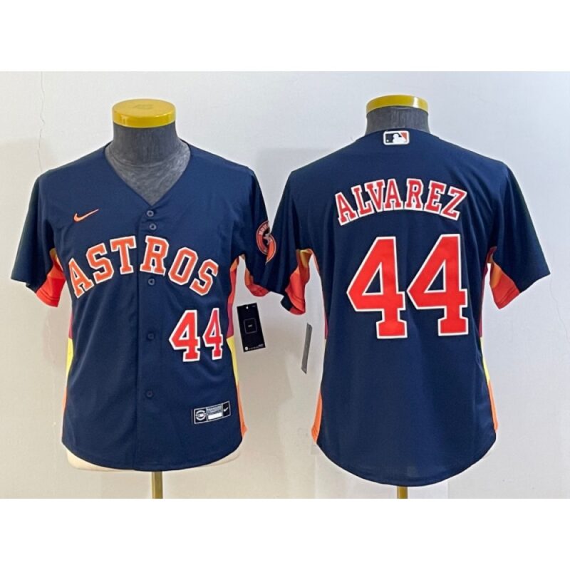6863689171565_1 Youth Houston Astros #44 Yordan Alvarez Navy With Patch Cool Base Stitched Jersey