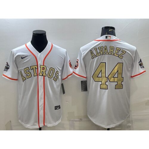 686369c419ff1_1 Men's Houston Astros #44 Yordan Alvarez White Gold 2022 World Series Stitched Baseball Jersey