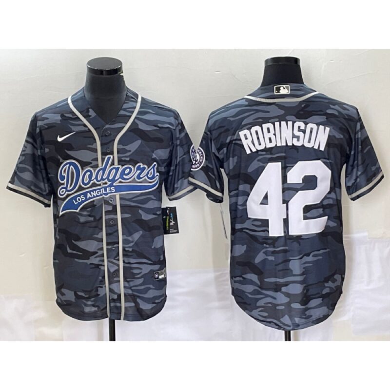 68636df50e62c_1 Men's Los Angeles Dodgers #42 Jackie Robinson Gray Camo Cool Base With Patch Stitched Baseball Jersey