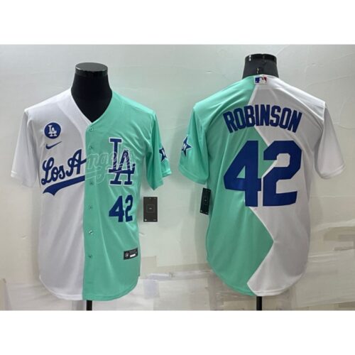 68636e6048392_1 Men's Los Angeles Dodgers #42 Jackie Robinson 2022 All-Star White/Green Cool Base Stitched Baseball Jersey