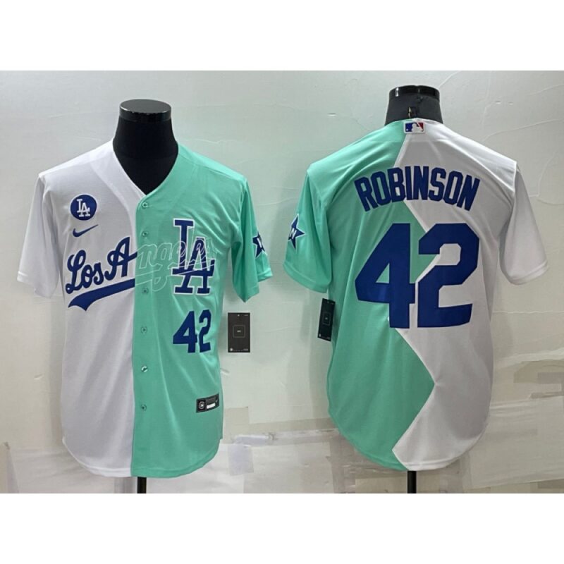 68636e6048392_1 Men's Los Angeles Dodgers #42 Jackie Robinson 2022 All-Star White/Green Cool Base Stitched Baseball Jersey