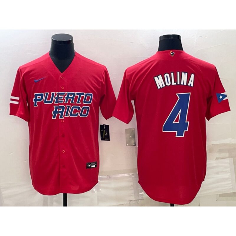 6863714a2553d_1 Men's Puerto Rico Baseball #4 Yadier Molina 2023 Red World Baseball Classic Stitched Jersey