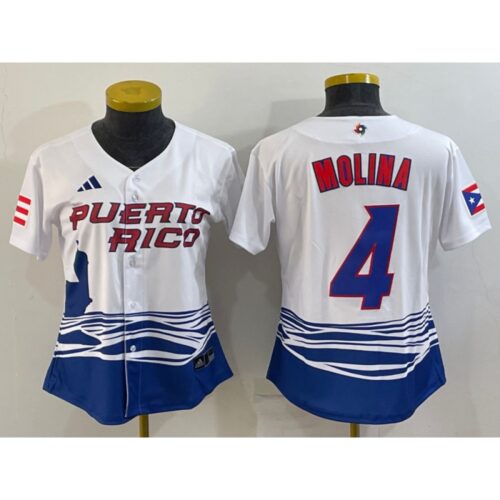 68637154b2110_1 Women's Puerto Rico Baseball #4 Yadier Molina 2023 White World Baseball Classic Stitched Jersey(Run Small)