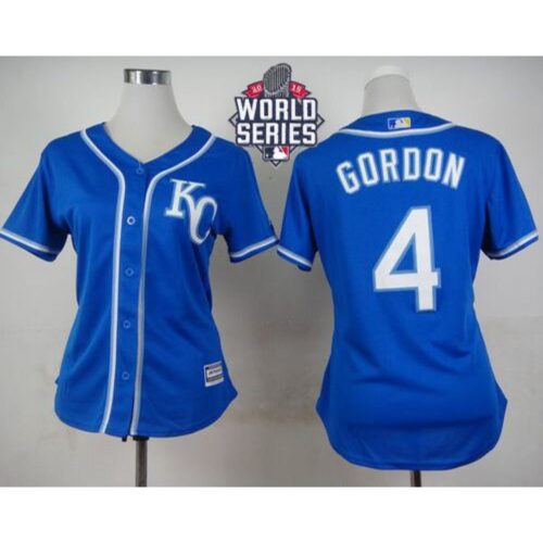 6863739812160_1 Royals #4 Alex Gordon Blue Alternate 2 W/2015 World Series Patch Women's Stitched MLB Jersey