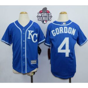 686373a006977_1 Royals #4 Alex Gordon Blue Cool Base W/2015 World Series Patch Stitched Youth MLB Jersey