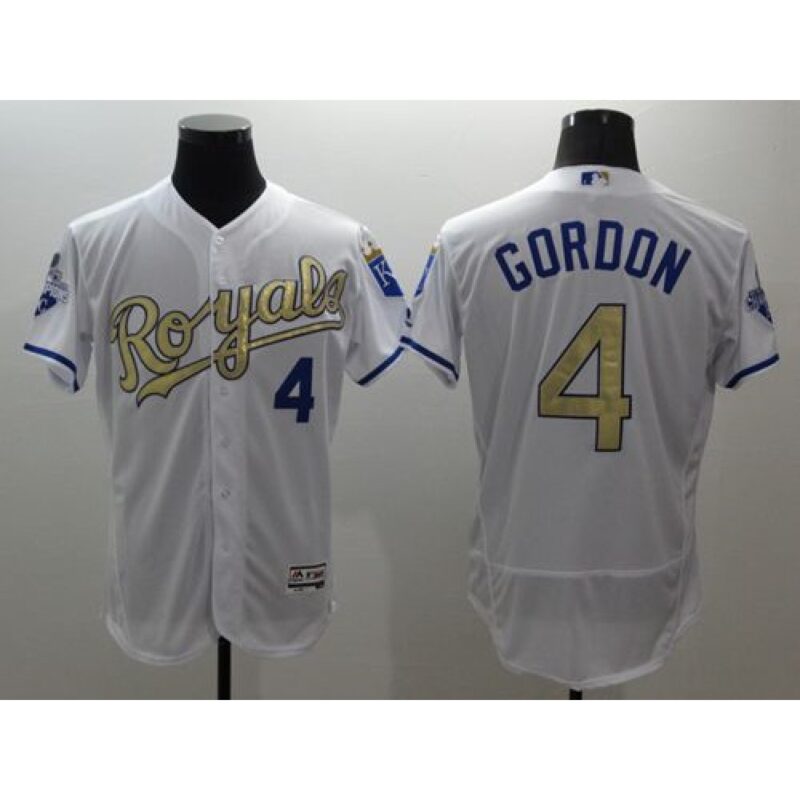 686374124a8c8_1 Royals #4 Alex Gordon White 2015 World Series Champions Gold Program FlexBase Authentic Stitched MLB Jersey
