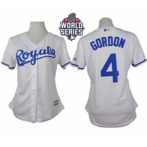 6863743128446_1 Royals #4 Alex Gordon White Home W/2015 World Series Patch Women's Stitched MLB Jersey