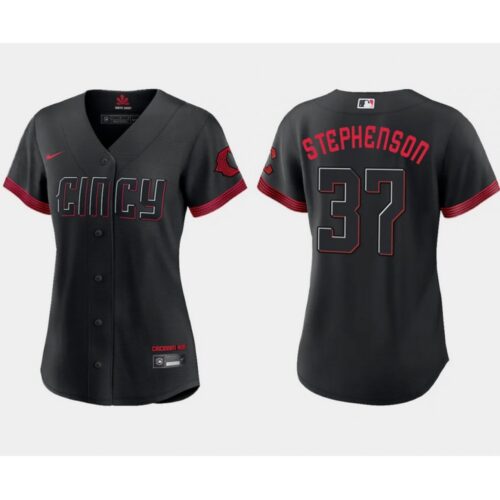 6863766b9fdf7_1 Women's Cincinnati Reds #37 Tyler Stephenson Black 2023 City Connect Stitched Baseball Jersey(Run Small)