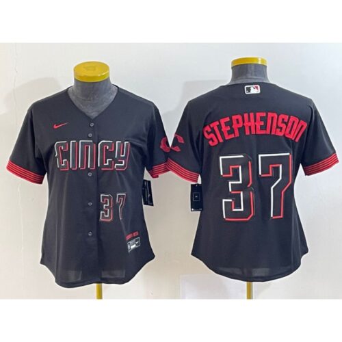 6863766e14be0_1 Women's Cincinnati Reds #37 Tyler Stephenson Black 2023 City Connect With Patch Stitched Baseball Jersey(Run Small)