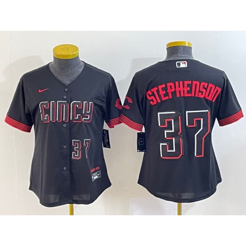 6863766e14be0_1 Women's Cincinnati Reds #37 Tyler Stephenson Black 2023 City Connect With Patch Stitched Baseball Jersey(Run Small)