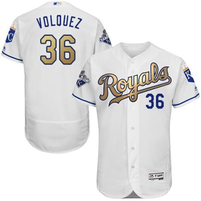 6863769418259_1 Royals #36 Edinson Volquez White 2015 World Series Champions Gold Program FlexBase Authentic Stitched MLB Jersey