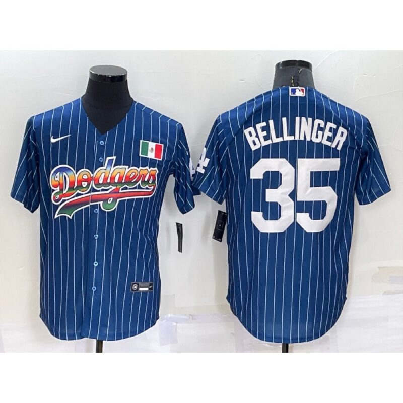 686377ed826e0_1 Men's Los Angeles Dodgers #35 Cody Bellinger Navy Mexico Rainbow Cool Base Stitched Baseball Jersey