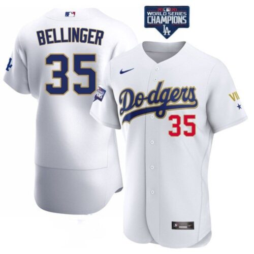 6863782e335ea_1 Men's Los Angeles Dodgers #35 Cody Bellinger White Gold Championship Flex Base Sttiched MLB Jersey