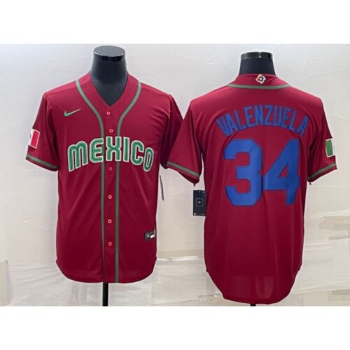 68637b86da0c4_1 Men's Mexico Baseball #34 Fernando Valenzuela 2023 Red Blue World Baseball Classic Stitched Jersey