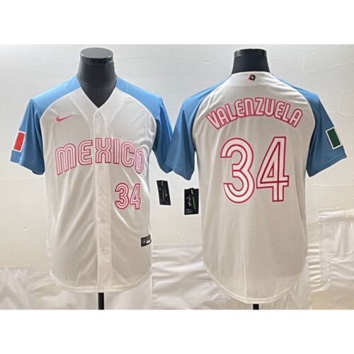 68637b8dd75d4_1 Men's Mexico Baseball #34 Fernando Valenzuela 2023 White Blue World Baseball Classic Stitched Jersey