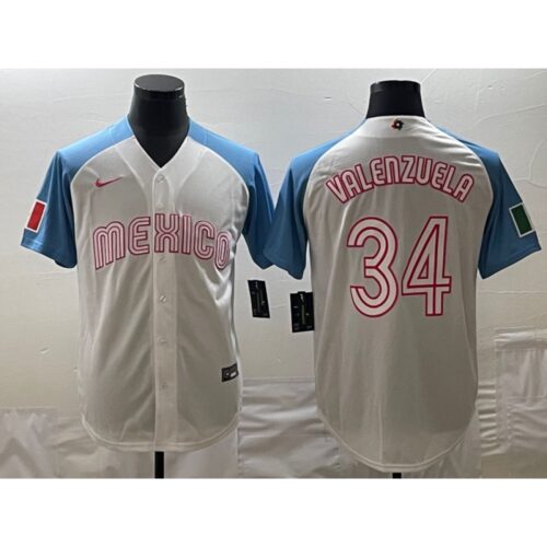 68637b9168470_1 Men's Mexico Baseball #34 Fernando Valenzuela 2023 White Blue World Baseball Classic Stitched Jersey
