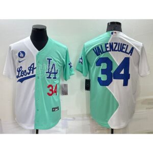 68637d57ade7a_1 Men's Los Angeles Dodgers #34 Fernando Valenzuela 2022 All-Star White/Green Cool Base Stitched Baseball Jersey