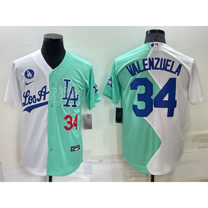 68637d57ade7a_1 Men's Los Angeles Dodgers #34 Fernando Valenzuela 2022 All-Star White/Green Cool Base Stitched Baseball Jersey