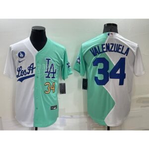 68637d5e54e62_1 Men's Los Angeles Dodgers #34 Fernando Valenzuela 2022 All-Star White/Green Cool Base Stitched Baseball Jersey