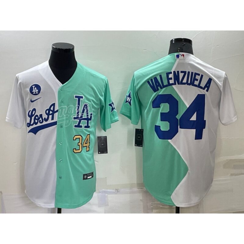 68637d5e54e62_1 Men's Los Angeles Dodgers #34 Fernando Valenzuela 2022 All-Star White/Green Cool Base Stitched Baseball Jersey