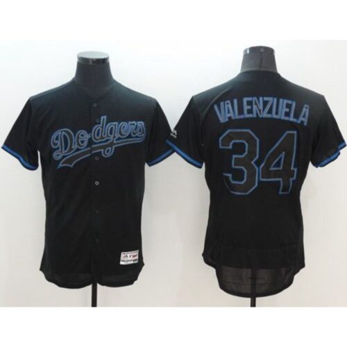 68637d7c5c66d_1 Dodgers #34 Fernando Valenzuela Black Fashion Flexbase Authentic Collection Stitched MLB Jersey