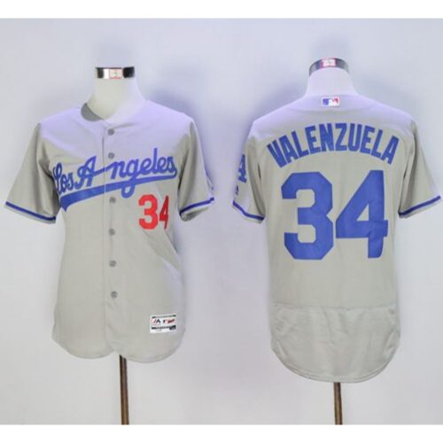 68637d8f7abb9_1 Dodgers #34 Fernando Valenzuela Grey Flexbase Authentic Collection Road Stitched MLB Jersey
