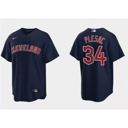 68637e194fb6f_1 Men's Cleveland Guardians #34 Zach Plesac Navy Cool Base Stitched Jersey