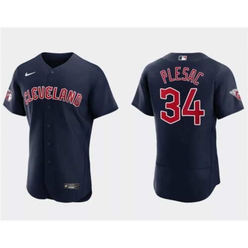 68637e1ca110f_1 Men's Cleveland Guardians #34 Zach Plesac Navy Flex Base Stitched Jersey