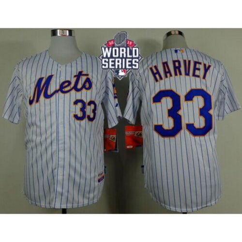 6863800878822_1 Mets #33 Matt Harvey White(Blue Strip) Home Cool Base W/2015 World Series Patch Stitched MLB Jersey