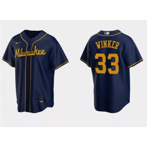 68638095b94b1_1 Men's Milwaukee Brewers #33 Jesse Winker Navy Cool Base Stitched Jersey