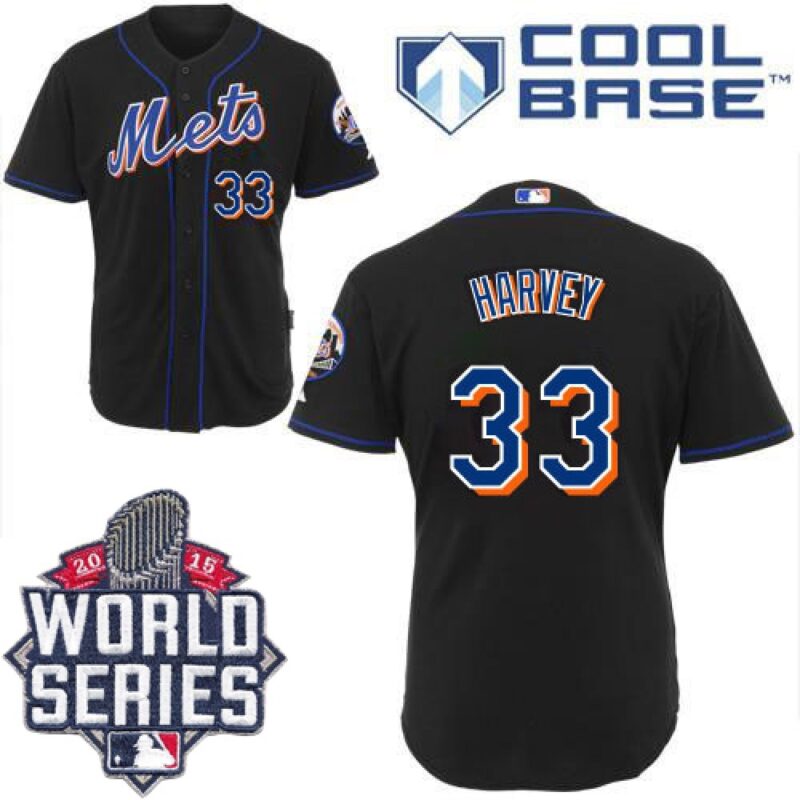 686380d65a5b0_1 Mets #33 Matt Harvey Black Alternate Cool Base W/2015 World Series Patch Stitched MLB Jersey