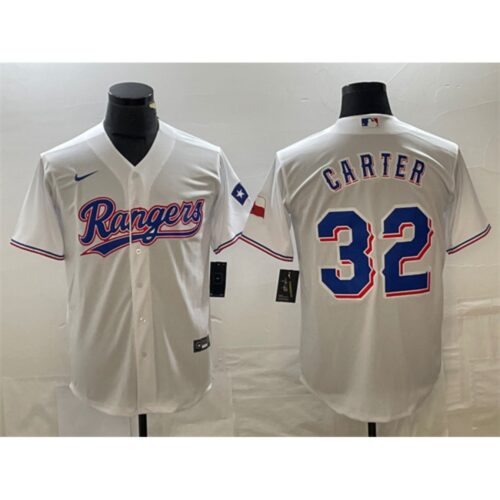 686381364757a_1 Men's Texas Rangers #32 Evan Carter White With Patch Cool Base Stitched Baseball Jersey