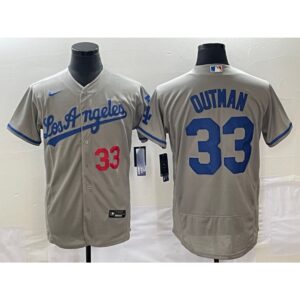 6863818063610_1 Men's Los Angeles Dodgers #33 James Outman Gray Flex Base Stitched Baseball Jersey