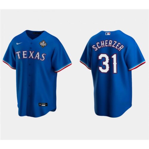 68638325e411c_1 Men's Texas Rangers #31 Max Scherzer Royal 2023 World Series Stitched Baseball Jersey