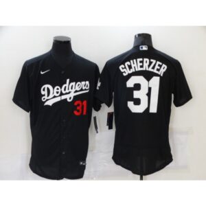 6863843796577_1 Men's Los Angeles Dodgers #31 Max Scherzer Black Flex Base Stitched Baseball Jersey