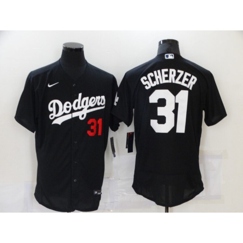 6863843796577_1 Men's Los Angeles Dodgers #31 Max Scherzer Black Flex Base Stitched Baseball Jersey